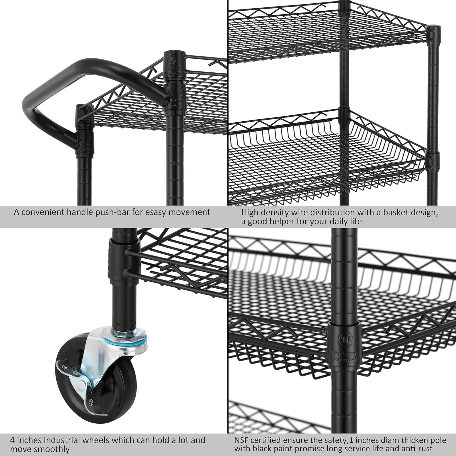 Finnhomy 3 Tier Heavy Duty Commercial Grade Utility Cart, Wire Rolling Metal Trolley with Handle Bar, Steel Kitchen Service Cart with Wheels, Food Storage Trolley on Wheels, NSF Listed, Black