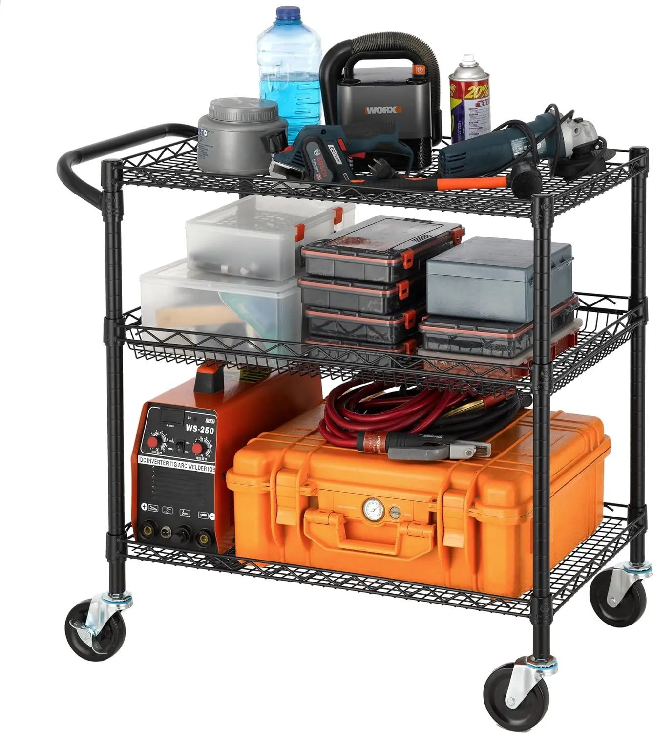 Finnhomy 3 Tier Heavy Duty Commercial Grade Utility Cart, Wire Rolling Metal Trolley with Handle Bar, Steel Kitchen Service Cart with Wheels, Food Storage Trolley on Wheels, NSF Listed, Black