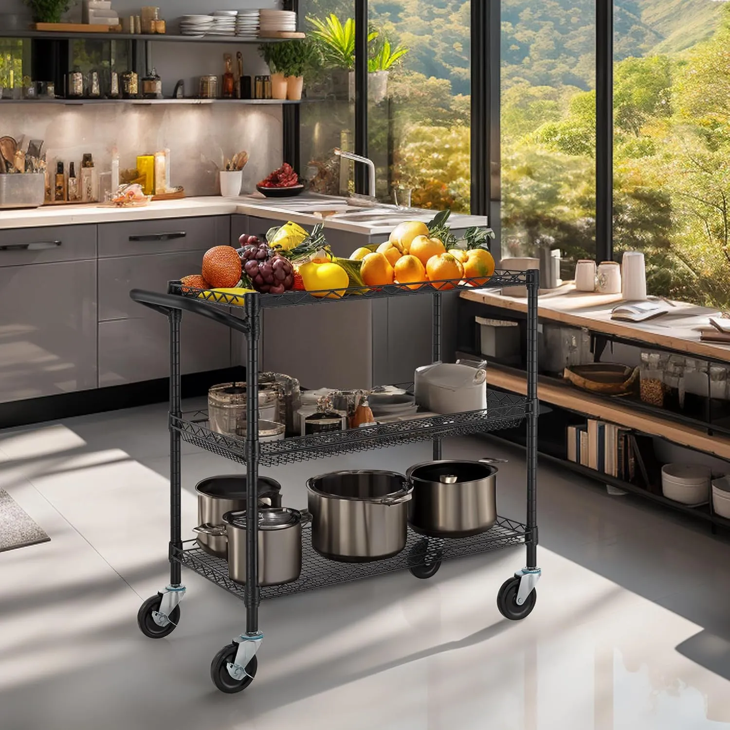 Finnhomy 3 Tier Heavy Duty Commercial Grade Utility Cart, Wire Rolling Metal Trolley with Handle Bar, Steel Kitchen Service Cart with Wheels, Food Storage Trolley on Wheels, NSF Listed, Black