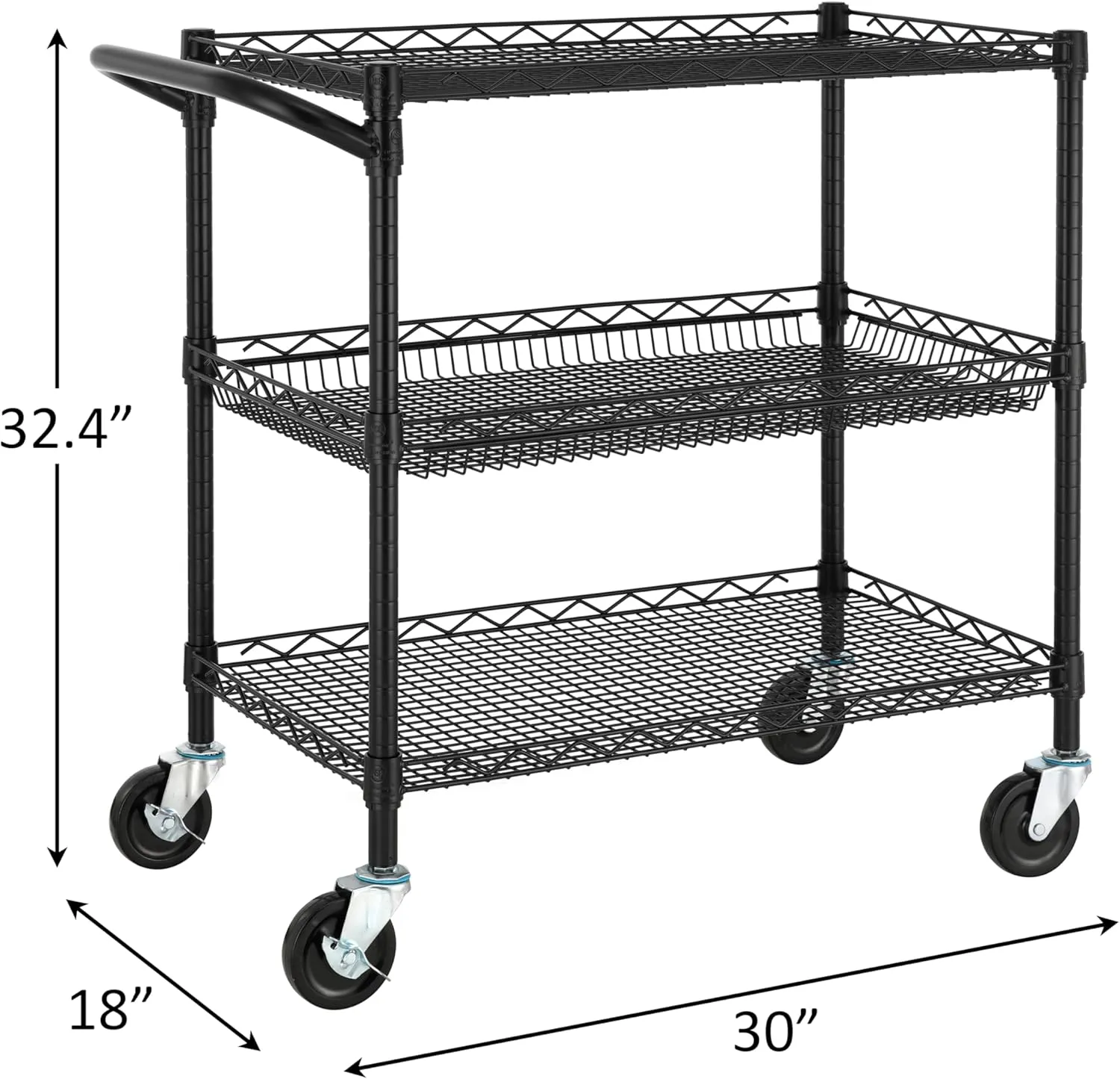 Finnhomy 3 Tier Heavy Duty Commercial Grade Utility Cart, Wire Rolling Metal Trolley with Handle Bar, Steel Kitchen Service Cart with Wheels, Food Storage Trolley on Wheels, NSF Listed, Black