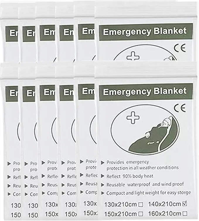 First Aid Mylar Rescue Blanket，Emergency Blankets for Survival Gear and Equipment，Designed for Outdoor, Body Warmer Blanket,Space, Camping Gear, Hiking Travel(Silver, 12 Pack)