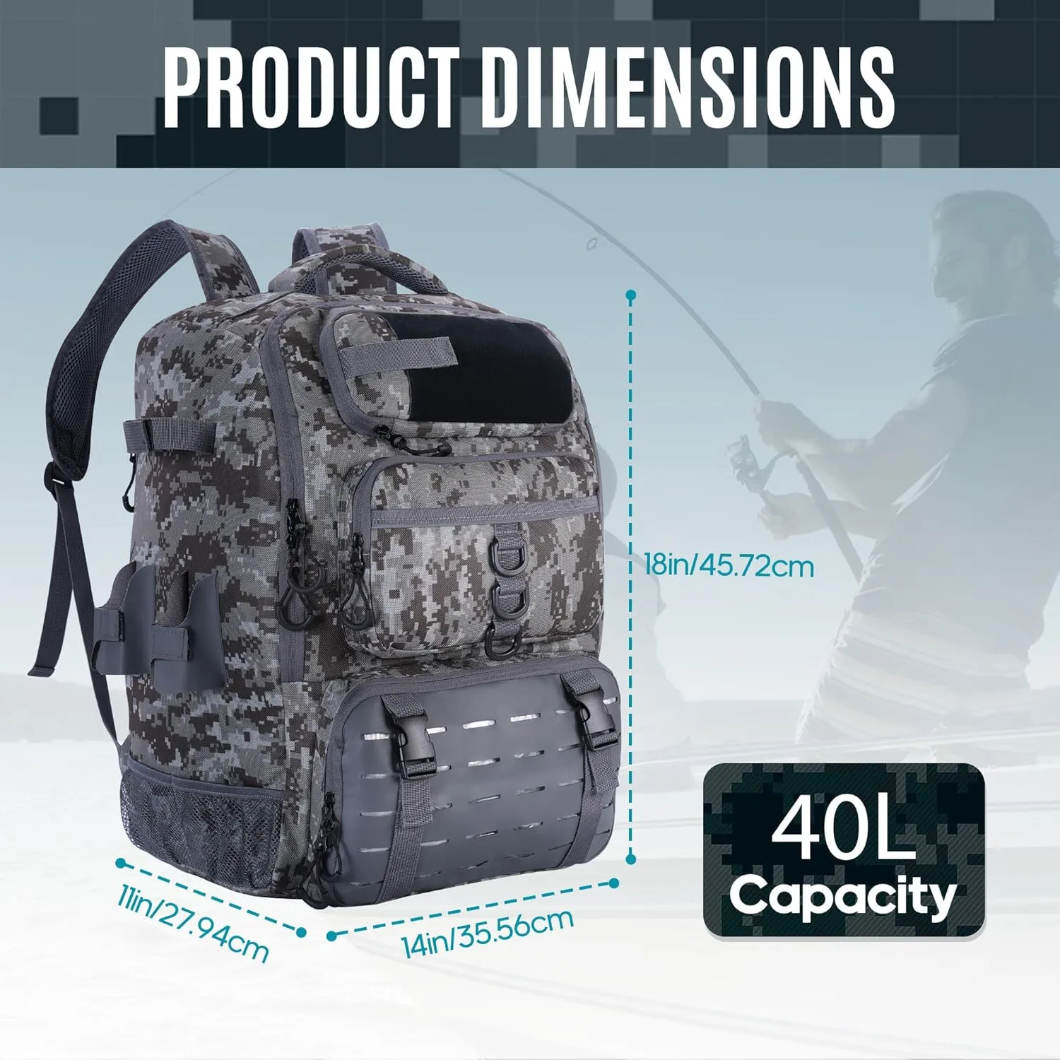Fishing Backpack, Fishing Tackle Backpack with Cooler, Large 18"x14"x11" Storage, Adjustable Compartments, Ergonomic Design for Fishing, Hiking, and Outdoor Adventures(Camouflage gray)