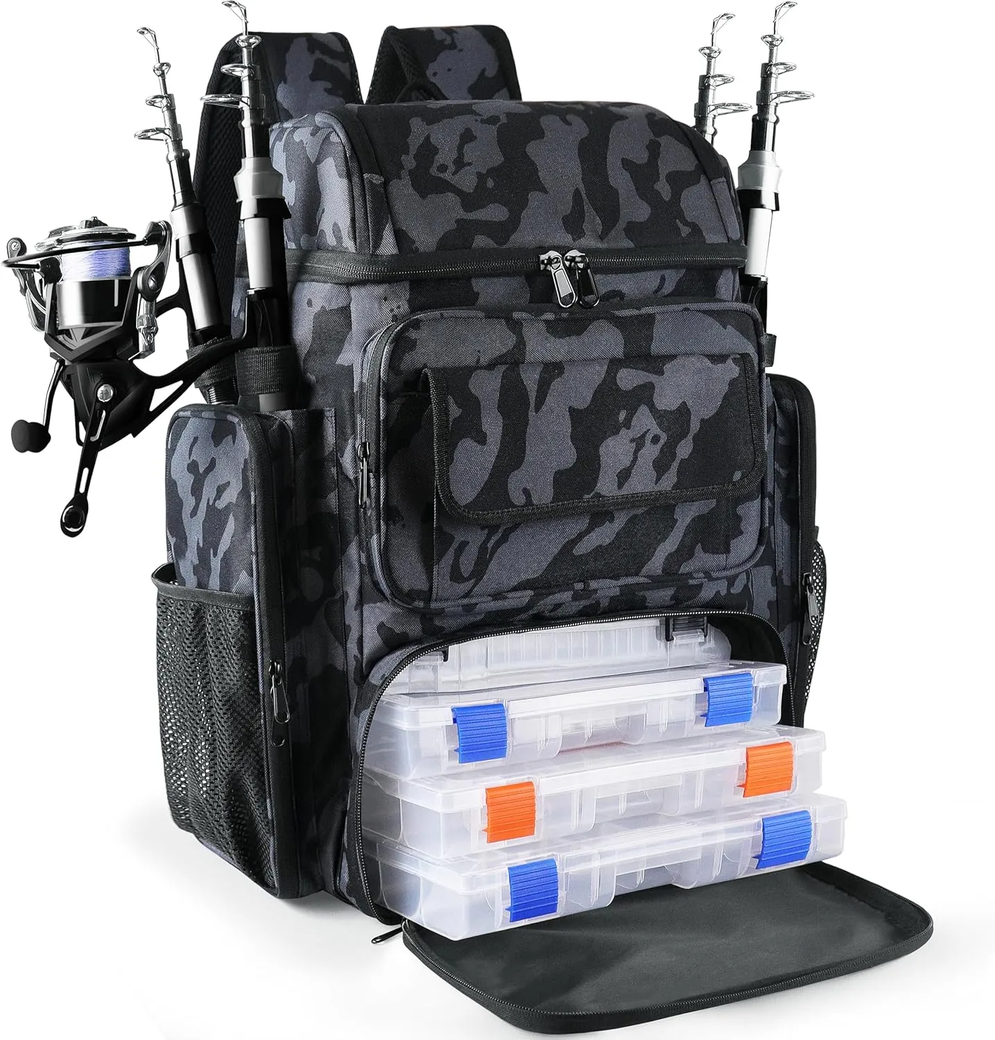 Fishing Tackle Backpack With Rod Holders, 45L Large Tackle Bag & Fishing Tackle Backpack for Fishing, Camping, Hiking,Camouflage