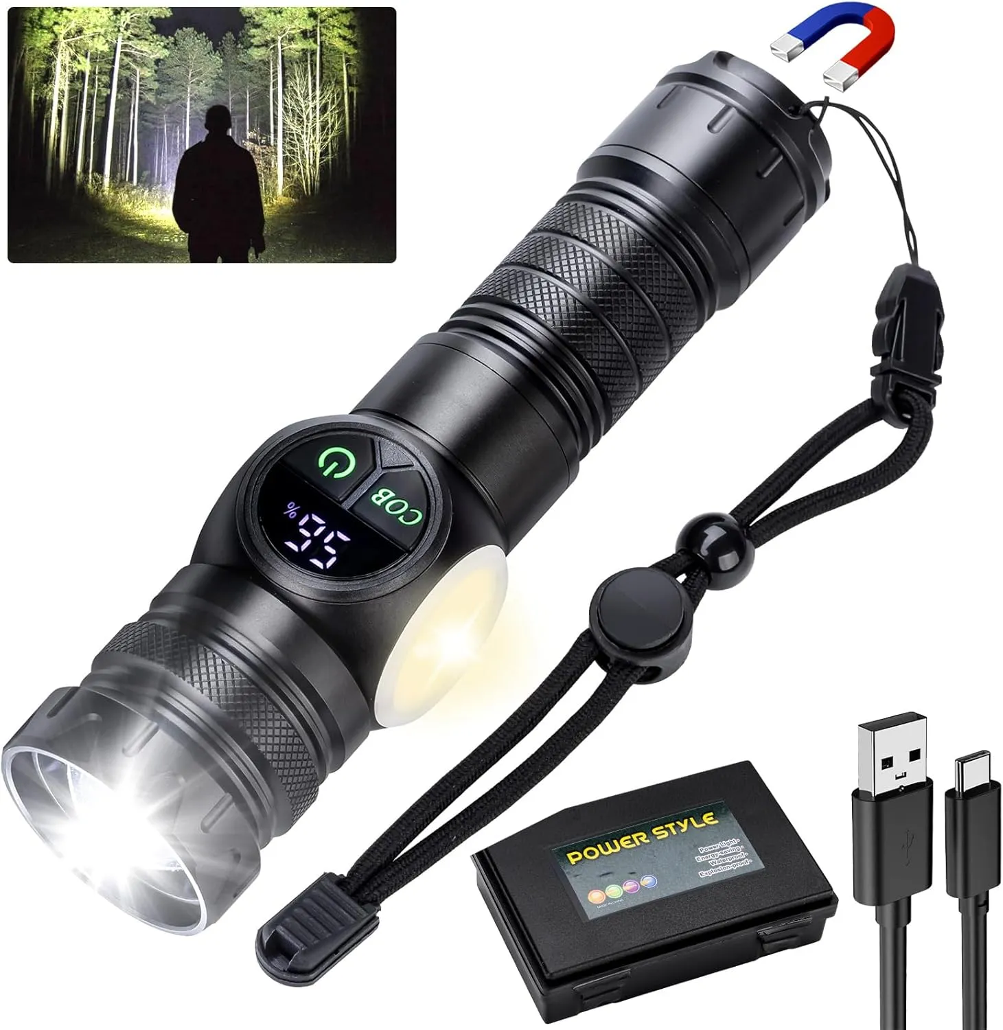 Flashlight High Lumens Rechargeable Magnetic, Tactical Super Bright LED Handheld Flash Light with USB C, COB Side Light, 9 Modes, IP76 Waterproof for Camping Hiking Emergency