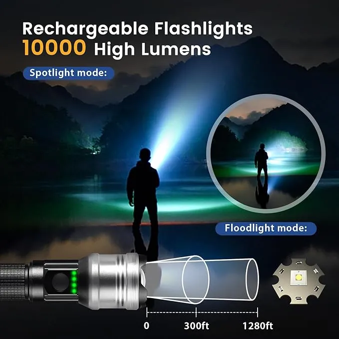 Flashlight Rechargeable 10000 High Lumens, Super Bright Flashlight Zoomable, Compact Flashlight Rechargeable USB-C, 6 Modes Handheld Flashlight Suitable for Home Emergency, Outdoor, Hiking, Camping