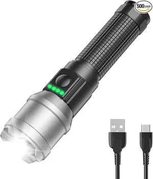 Flashlight Rechargeable 10000 High Lumens, Super Bright Flashlight Zoomable, Compact Flashlight Rechargeable USB-C, 6 Modes Handheld Flashlight Suitable for Home Emergency, Outdoor, Hiking, Camping