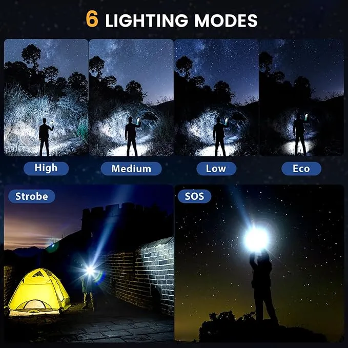 Flashlight Rechargeable 10000 High Lumens, Super Bright Flashlight Zoomable, Compact Flashlight Rechargeable USB-C, 6 Modes Handheld Flashlight Suitable for Home Emergency, Outdoor, Hiking, Camping
