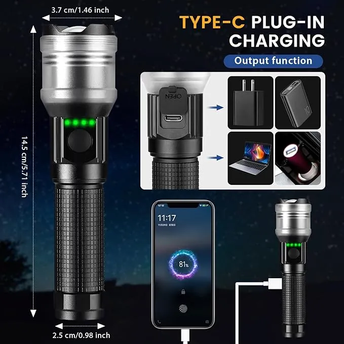 Flashlight Rechargeable 10000 High Lumens, Super Bright Flashlight Zoomable, Compact Flashlight Rechargeable USB-C, 6 Modes Handheld Flashlight Suitable for Home Emergency, Outdoor, Hiking, Camping
