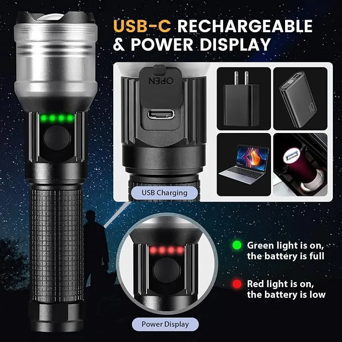 Flashlight Rechargeable 10000 High Lumens, Super Bright Flashlight Zoomable, Compact Flashlight Rechargeable USB-C, 6 Modes Handheld Flashlight Suitable for Home Emergency, Outdoor, Hiking, Camping