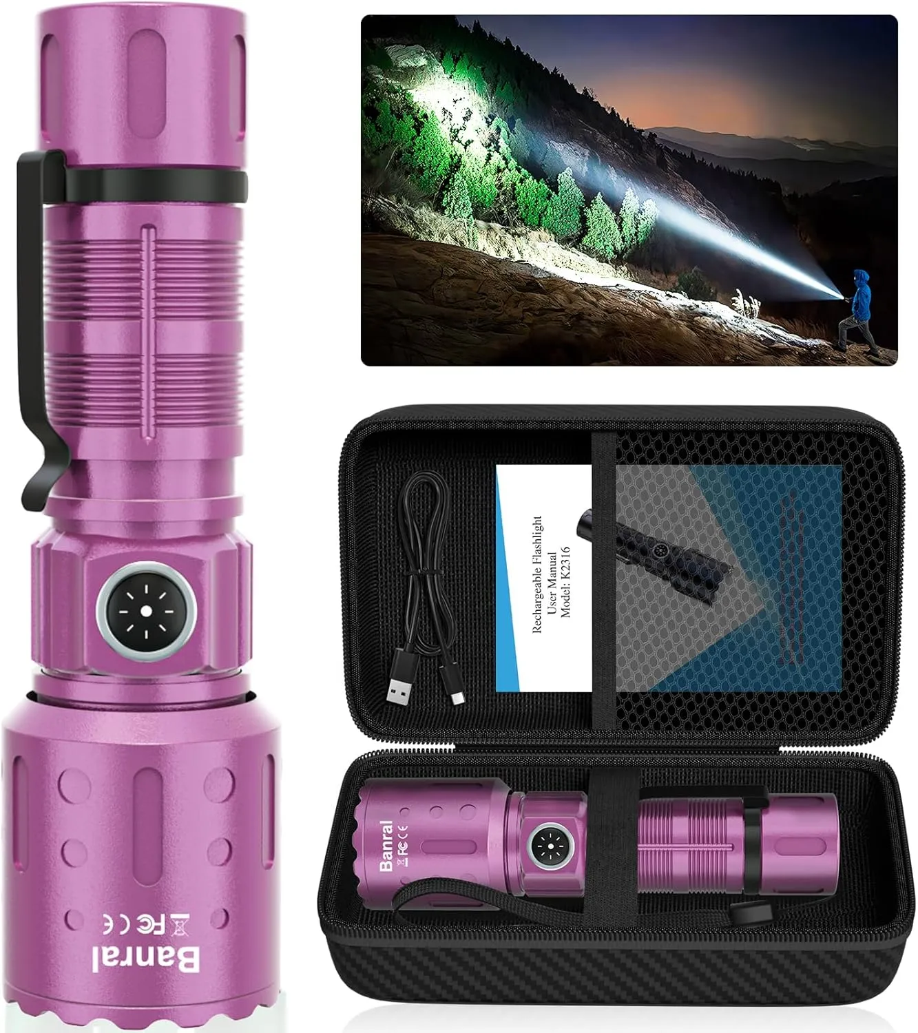 Flashlights High Lumens Rechargeable, 20000 Lumens Super Bright 1500 Meters Long Range Small Powerful Flashlight, 6 Modes LED Tactical Pocket Waterproof Flash Light for Home Emergency (1, Purple)