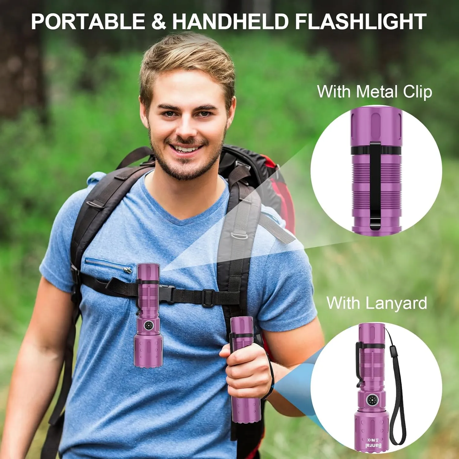 Flashlights High Lumens Rechargeable, 20000 Lumens Super Bright 1500 Meters Long Range Small Powerful Flashlight, 6 Modes LED Tactical Pocket Waterproof Flash Light for Home Emergency (1, Purple)
