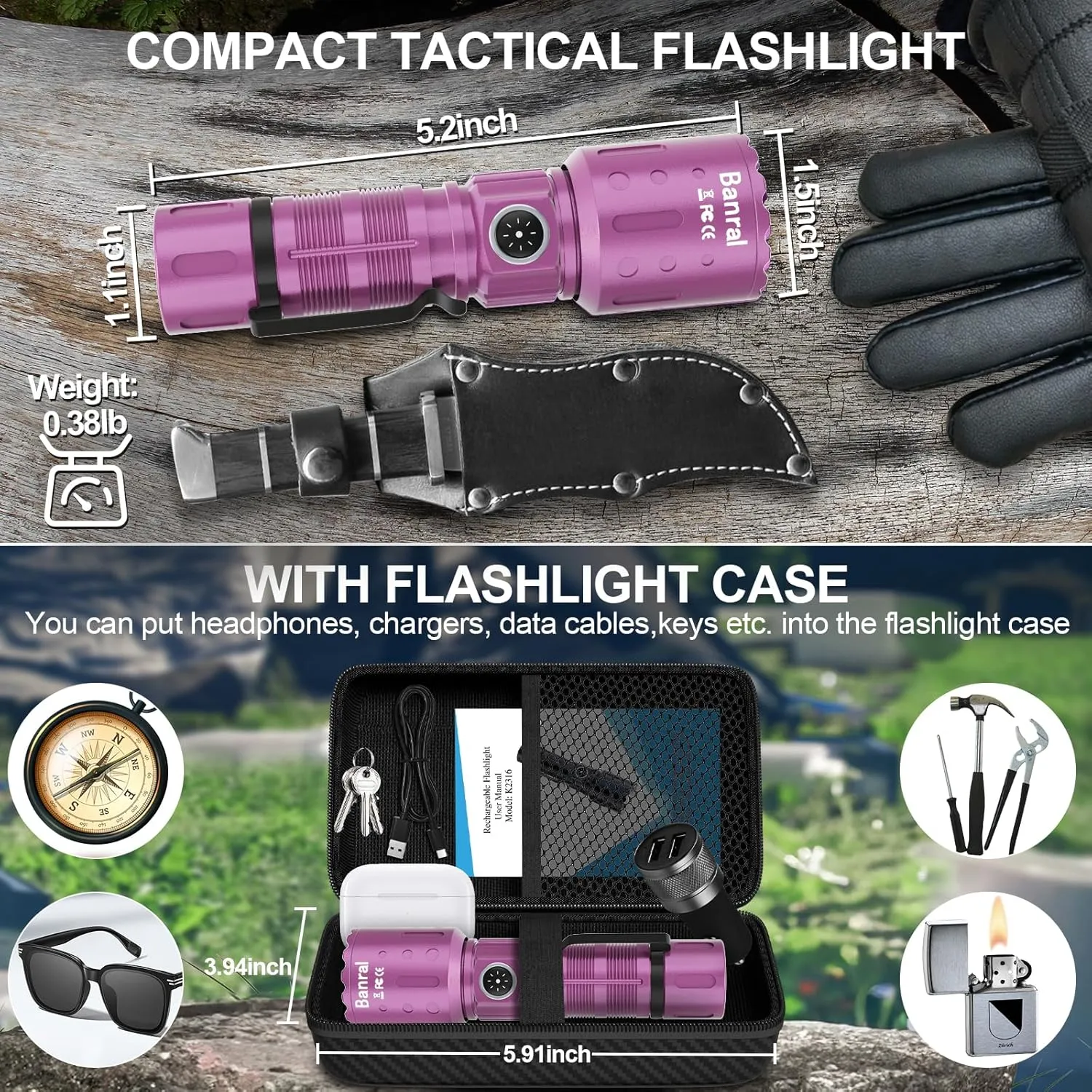 Flashlights High Lumens Rechargeable, 20000 Lumens Super Bright 1500 Meters Long Range Small Powerful Flashlight, 6 Modes LED Tactical Pocket Waterproof Flash Light for Home Emergency (1, Purple)