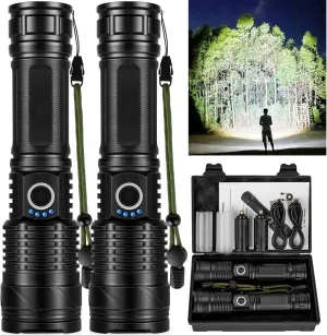 Flashlights High Lumens Rechargeable LED Flashlight, High Lumen Super Bright High Powered Flash Light, USB Powerful IPX6 Waterproof Handheld Flashlights for Home Hiking Camping(2 Pack)