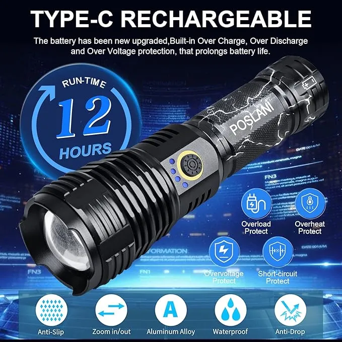 flashlights LED high lumens Rechargeable, Extremely Bright 50000 lumens Flashlight, IPX67 Water Resistant, 5 Light Modes, zoomable Tactical Flashlight for Emergency Camping Gift