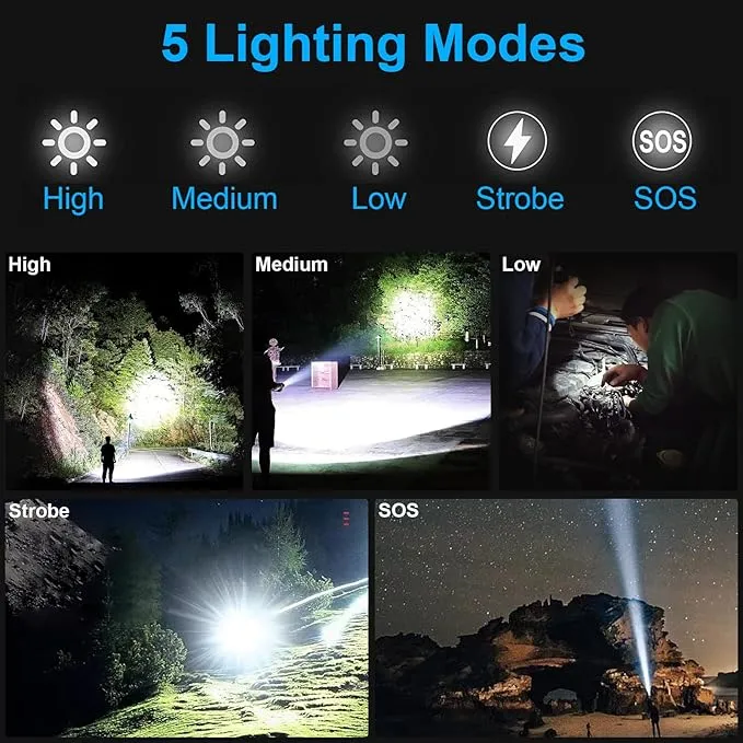 flashlights LED high lumens Rechargeable, Extremely Bright 50000 lumens Flashlight, IPX67 Water Resistant, 5 Light Modes, zoomable Tactical Flashlight for Emergency Camping Gift