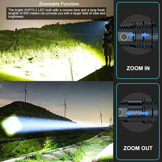 flashlights LED high lumens Rechargeable, Extremely Bright 50000 lumens Flashlight, IPX67 Water Resistant, 5 Light Modes, zoomable Tactical Flashlight for Emergency Camping Gift