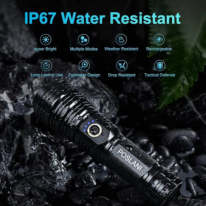 flashlights LED high lumens Rechargeable, Extremely Bright 50000 lumens Flashlight, IPX67 Water Resistant, 5 Light Modes, zoomable Tactical Flashlight for Emergency Camping Gift