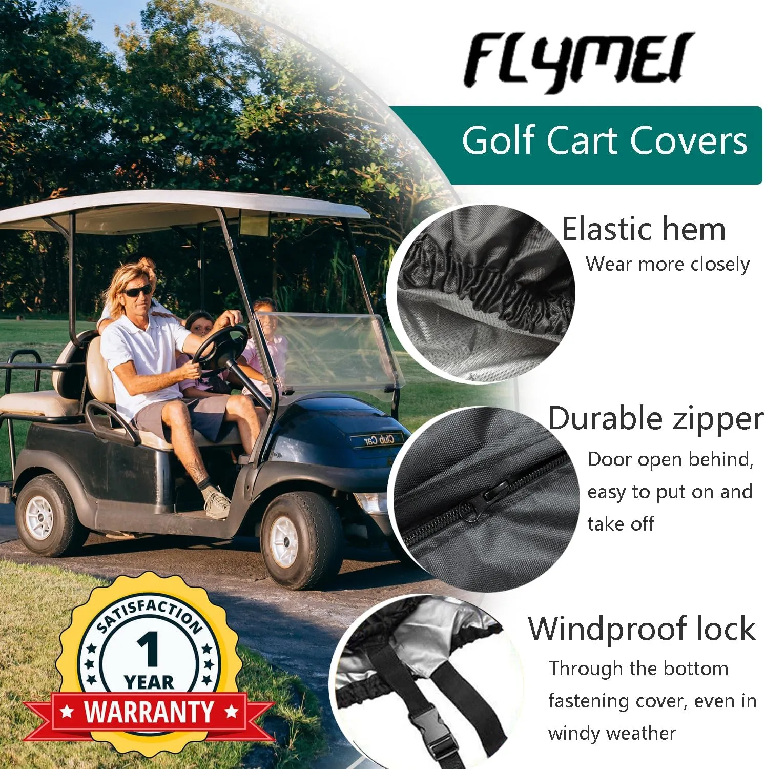 FLYMEI Golf Cart Cover Waterproof, 420D Fabric Universal Fits for Most Brand 2/2 2/4/4 2 Passengers Yamaha, Honda, Club Car, EZGO Golf Cart