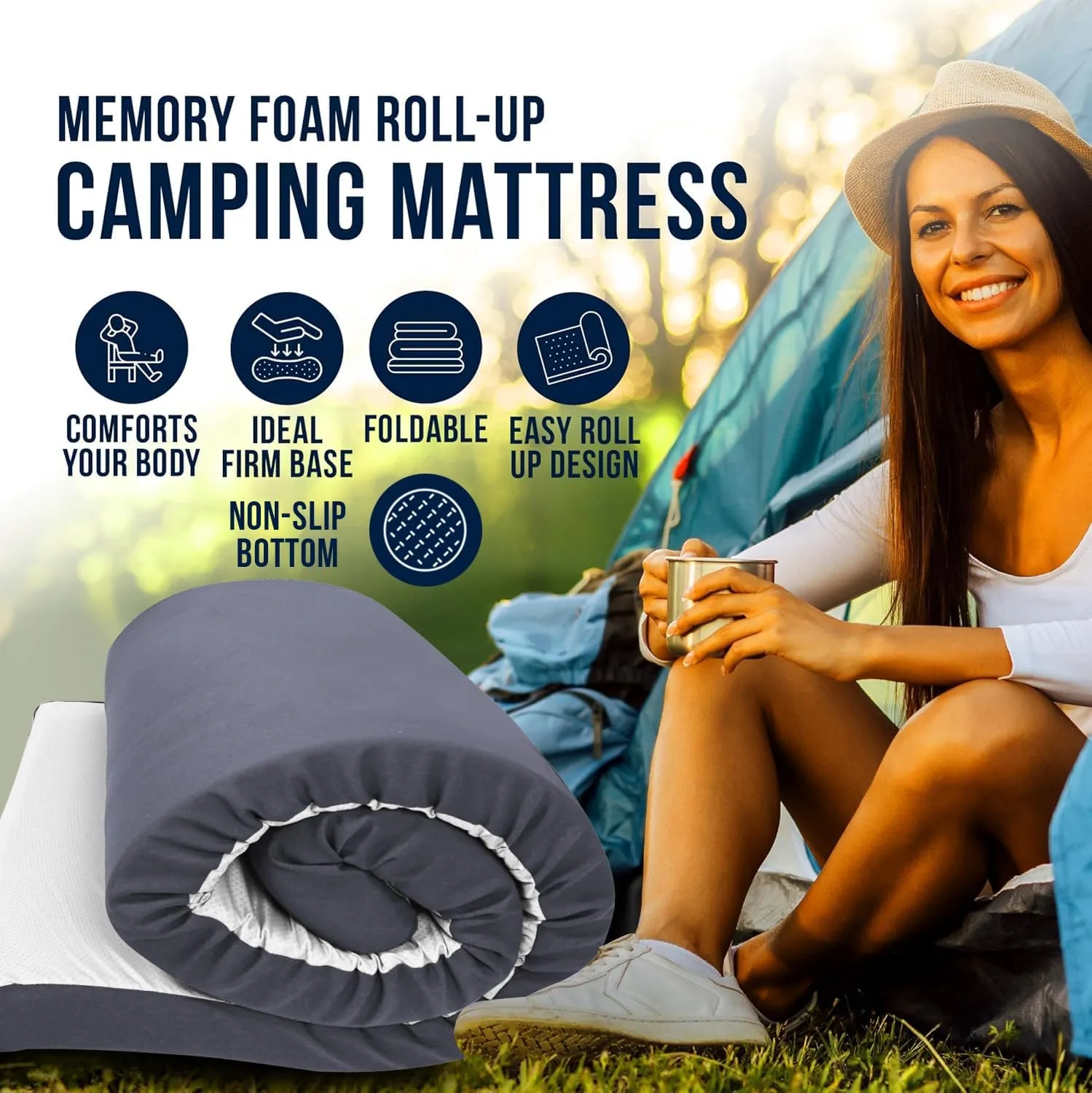 Foamma 3" x 60" x 80" High Density Roll-Up Camping Mattress with Water Resistant Zipper Cover, Foldable and Portable for Camping, RV Bunk, Tent, Guest Bed, Outdoor and Dorm, CertiPUR-US Certified Foam