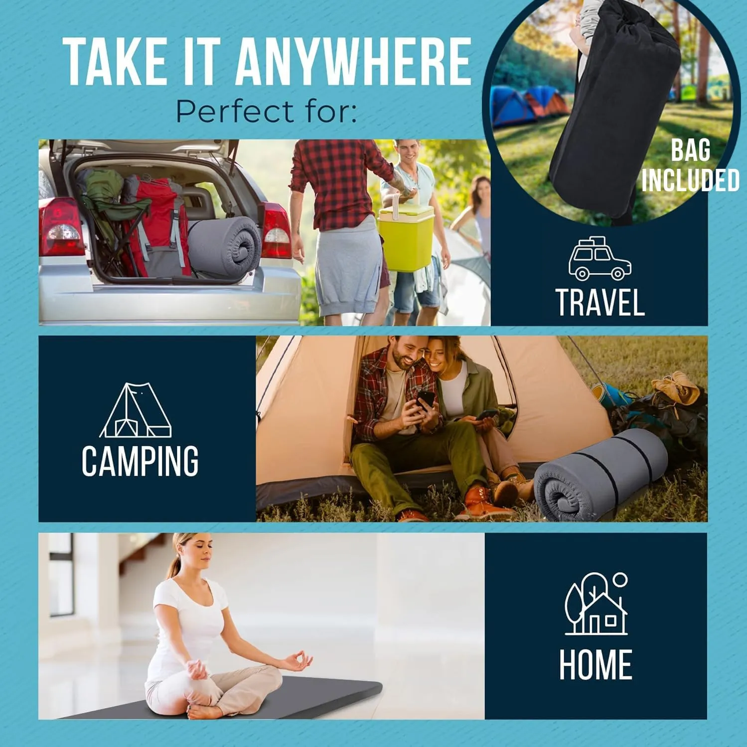 Foamma 3" x 60" x 80" High Density Roll-Up Camping Mattress with Water Resistant Zipper Cover, Foldable and Portable for Camping, RV Bunk, Tent, Guest Bed, Outdoor and Dorm, CertiPUR-US Certified Foam