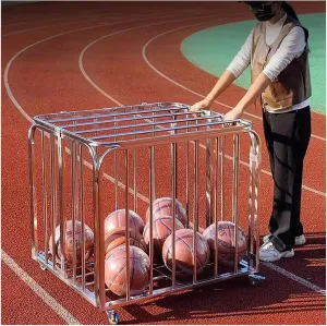 Foldable Ball Storage Cart, Stainless Steel Basketball & Soccer Organizer Basket on Wheels, Lockable Sport Balls Collect Cage, for Basement/Garage/Schools (Color : Stainless Steel, Size : Large)