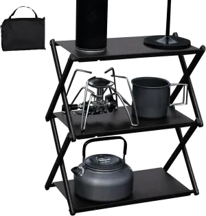 Foldable Camping Table,Folding Portable Table Camping Supplies - Compact Three-Layer Rack, Storage Metal with Storage Bag for Dining Picnic BBQ Fishing Garden