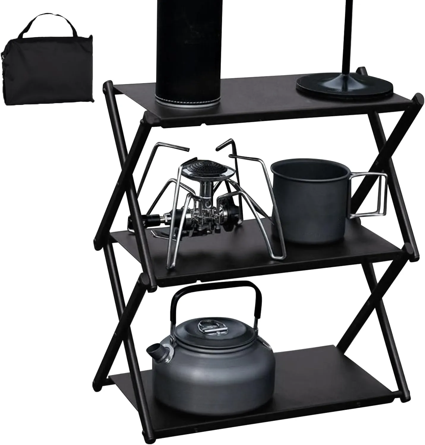 Foldable Camping Table,Folding Portable Table Camping Supplies - Compact Three-Layer Rack, Storage Metal with Storage Bag for Dining Picnic BBQ Fishing Garden