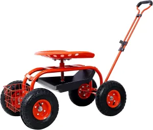 Foldable Cart with Wheels, Beach Cart, Collapsible Wagon, Shopping Cart,Rolling Garden Scooter Garden Cart Seat with Wheels and Tool Tray, 360 Swivel Seat,Red