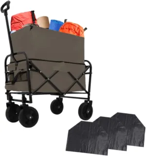 Foldable Four-Wheeled Trolley, Beach Cart, Camping, Garden Utility Cart, Three-Piece Plastic Liner Bag/Cover, Olive Green