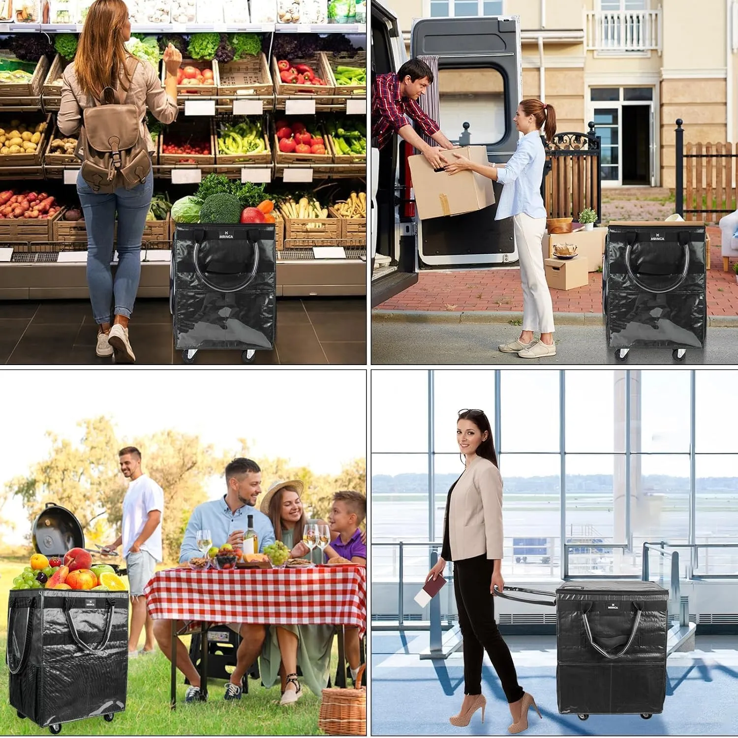 Foldable Grocery Cart with Wheels -Zipper Cover Heavy Duty Rolling Supermarkets Outdoor Home Use 55 LBS Capacity | Collapsible Shopping Trolley for Families Seniors Travelers (White,Small)