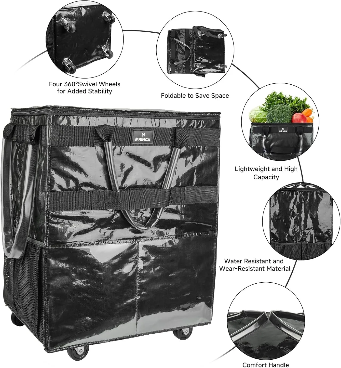 Foldable Grocery Cart with Wheels -Zipper Cover Heavy Duty Rolling Supermarkets Outdoor Home Use 55 LBS Capacity | Collapsible Shopping Trolley for Families Seniors Travelers (White,Small)