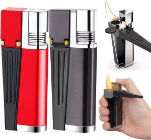 Foldable Portable Metal Lighters Refillable Butane Gas Lighter Upgraded Soft Flame Lighter with Leather Gift Box, for Candles, Barbecue Grills, and Fireplaces (Butane Not Included)(Red Black)