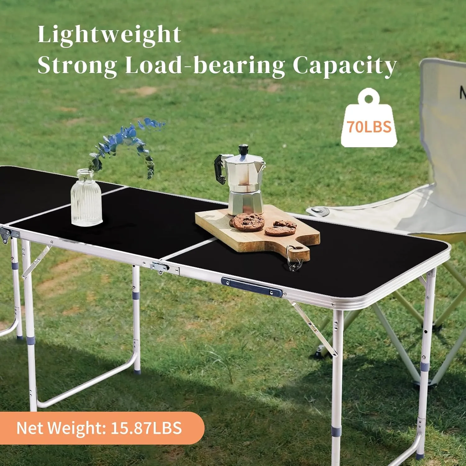 Foldable Table Height Adjustable with Carry Handle Heavy Duty Portable Utility Table for Indoor Outdoor Party, Dining, Events, Picnic, Camping (Black, 6ft)
