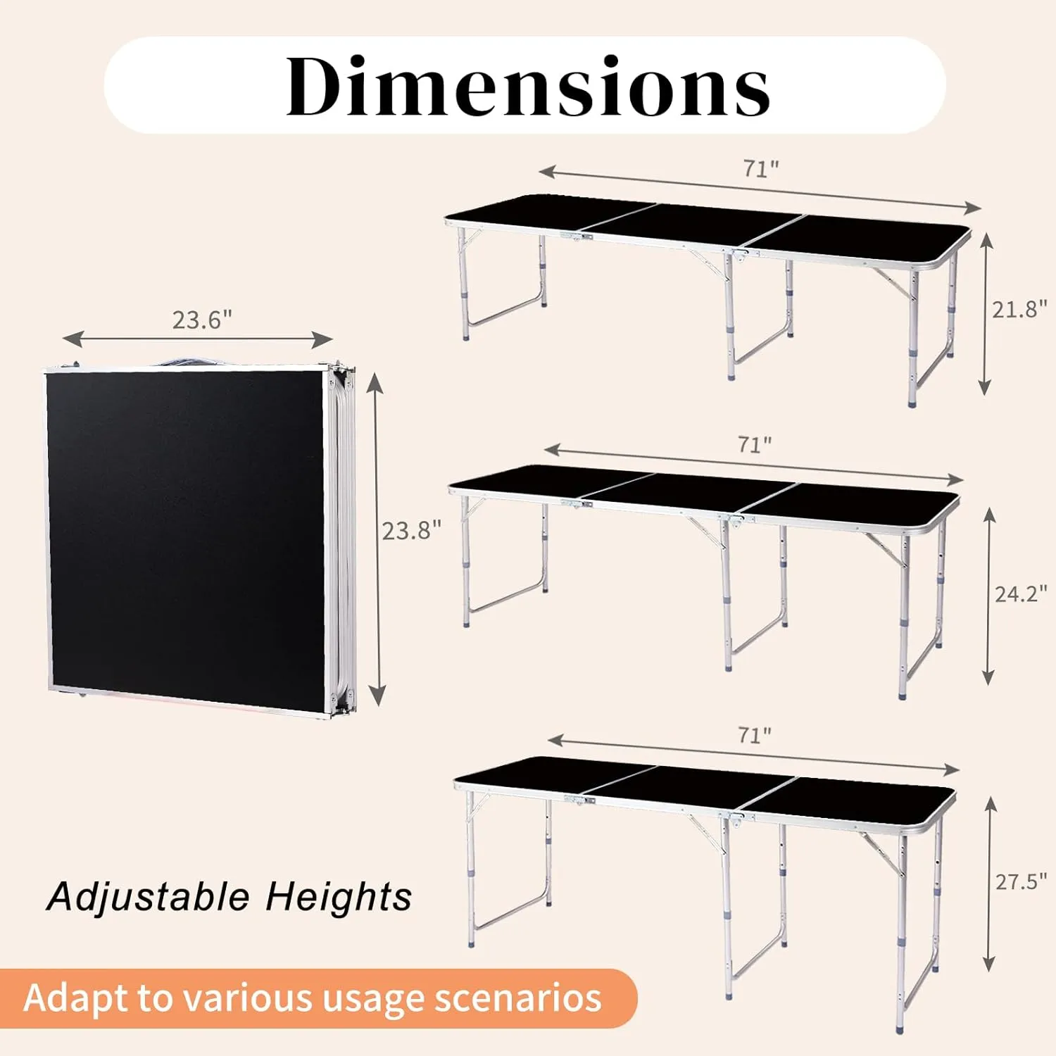 Foldable Table Height Adjustable with Carry Handle Heavy Duty Portable Utility Table for Indoor Outdoor Party, Dining, Events, Picnic, Camping (Black, 6ft)