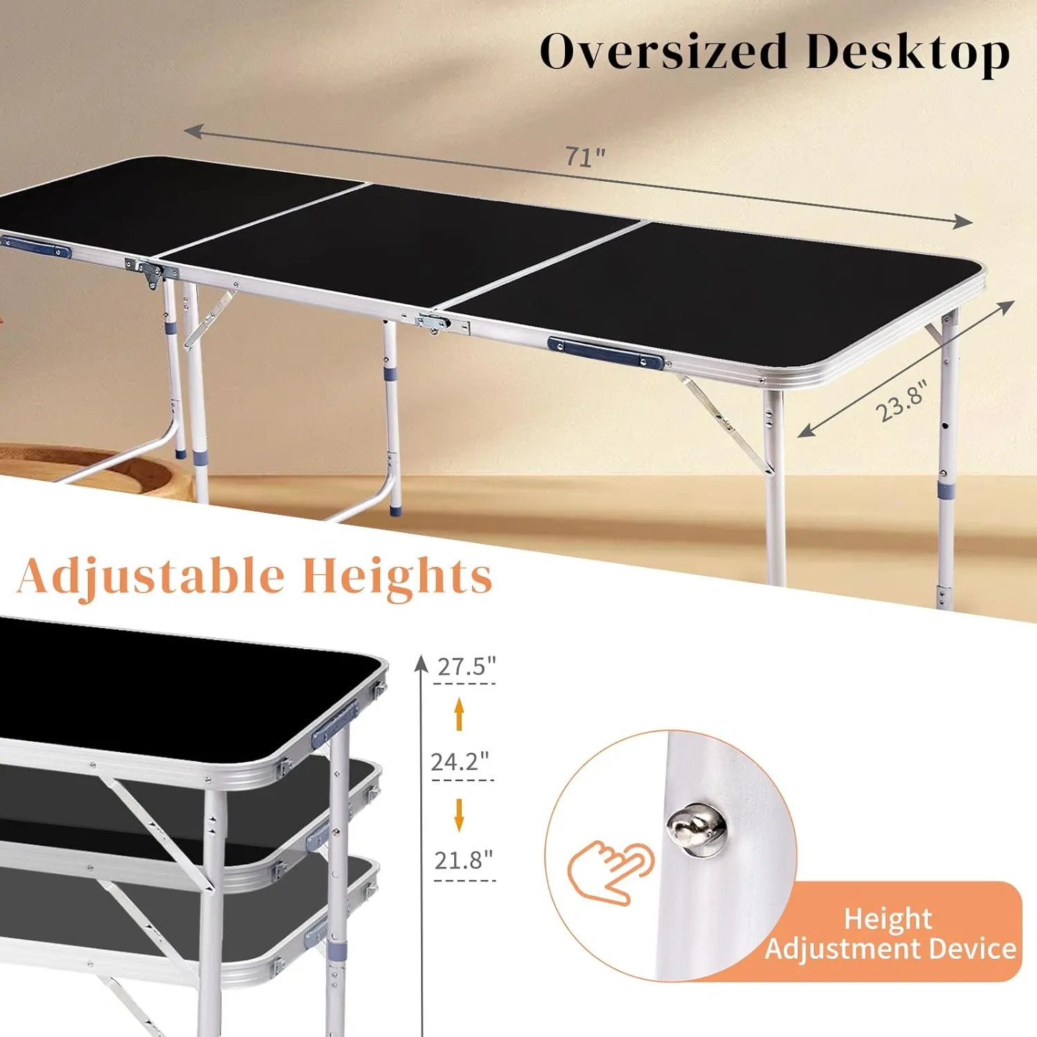 Foldable Table Height Adjustable with Carry Handle Heavy Duty Portable Utility Table for Indoor Outdoor Party, Dining, Events, Picnic, Camping (Black, 6ft)