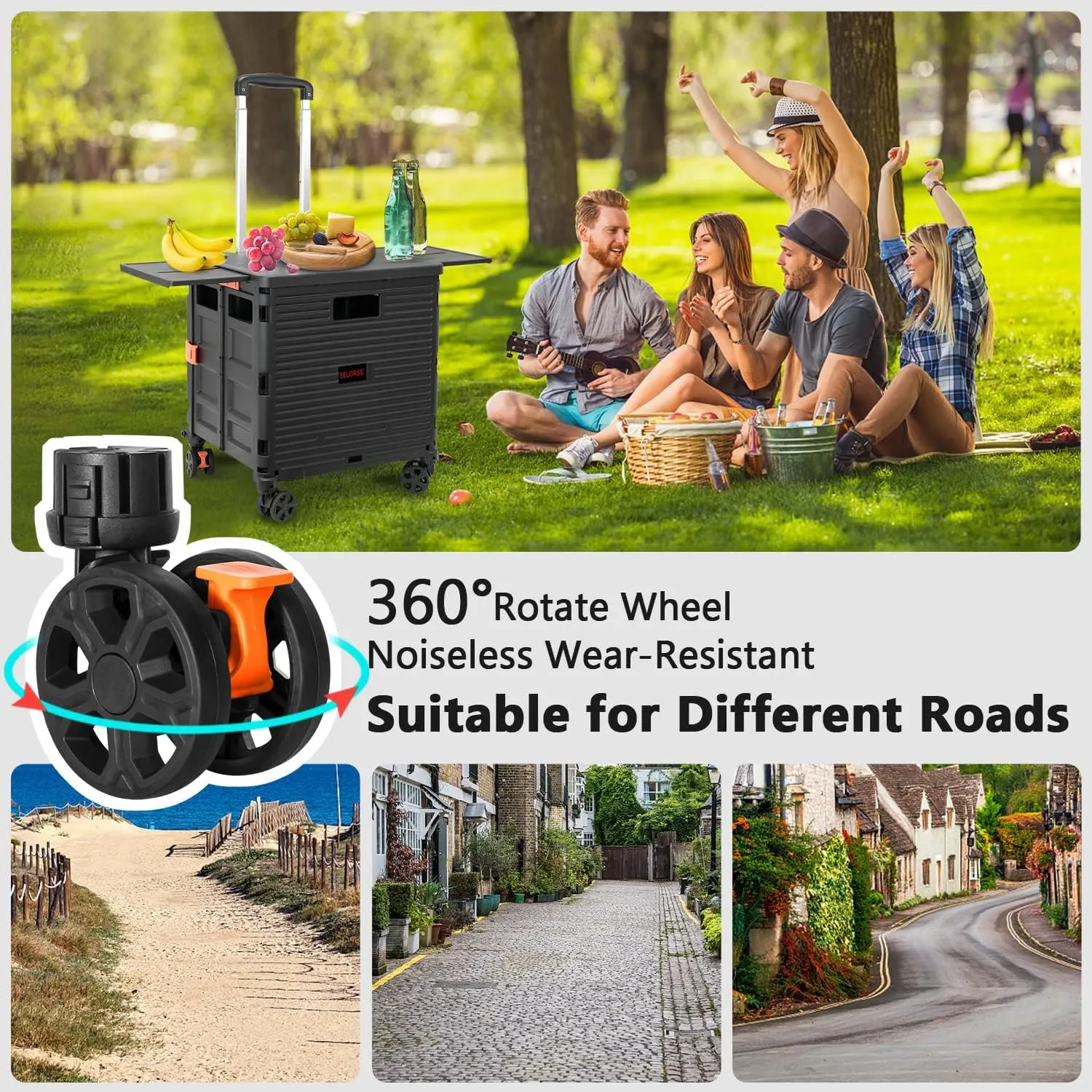 Foldable Utility Cart Collapsible Portable Crate Rolling Carts with Wheels Tote Basket with Magnetic Lid Telescopic Cover Wear-Resistant 360°Rotate Wheel Noiseless for Shopping Storage Office Use