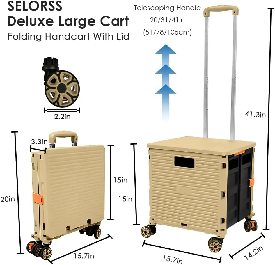 Foldable Utility Cart Collapsible Portable Crate Rolling Carts with Wheels Tote Basket with Magnetic Lid Telescopic Cover Wear-Resistant 360°Rotate Wheel Noiseless for Shopping Storage Office Use