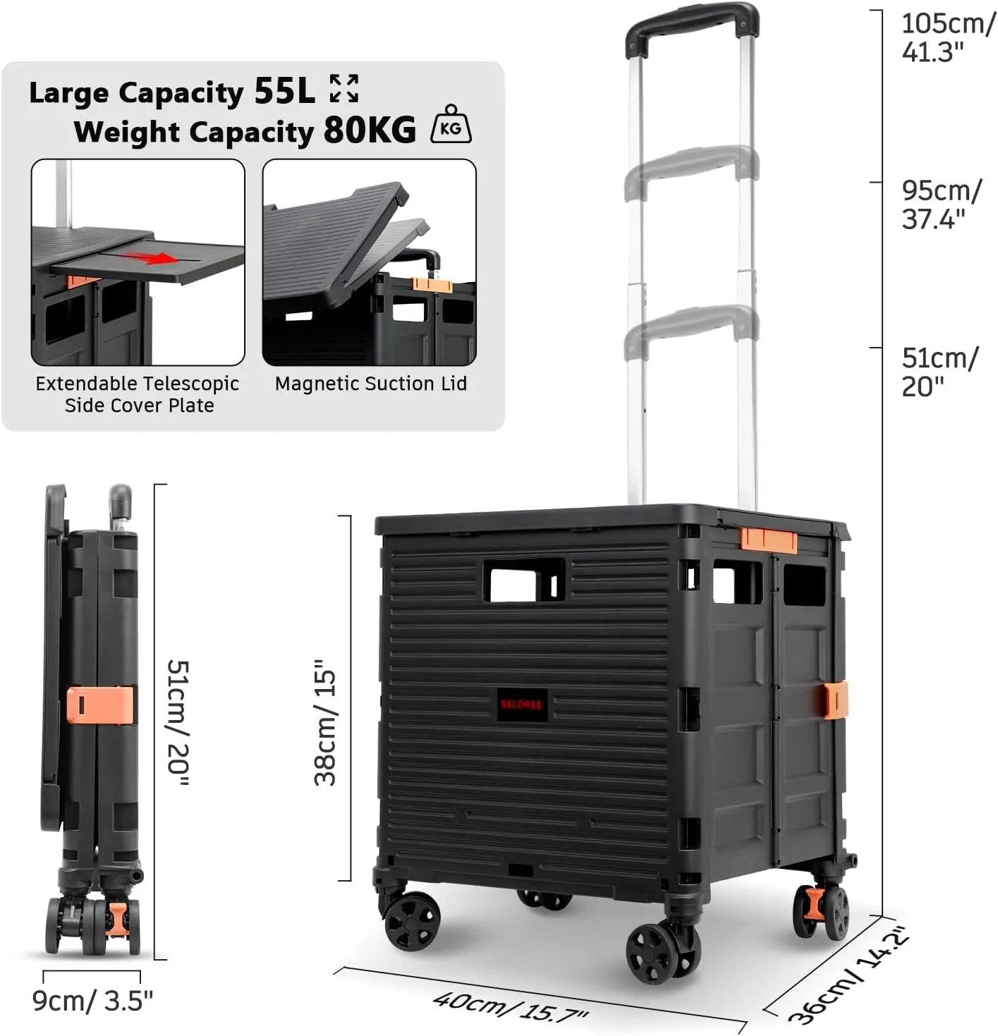 Foldable Utility Cart Collapsible Portable Crate Rolling Carts with Wheels Tote Basket with Magnetic Lid Telescopic Cover Wear-Resistant 360°Rotate Wheel Noiseless for Shopping Storage Office Use