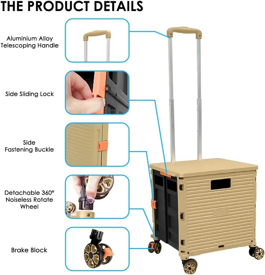 Foldable Utility Cart Collapsible Portable Crate Rolling Carts with Wheels Tote Basket with Magnetic Lid Telescopic Cover Wear-Resistant 360°Rotate Wheel Noiseless for Shopping Storage Office Use