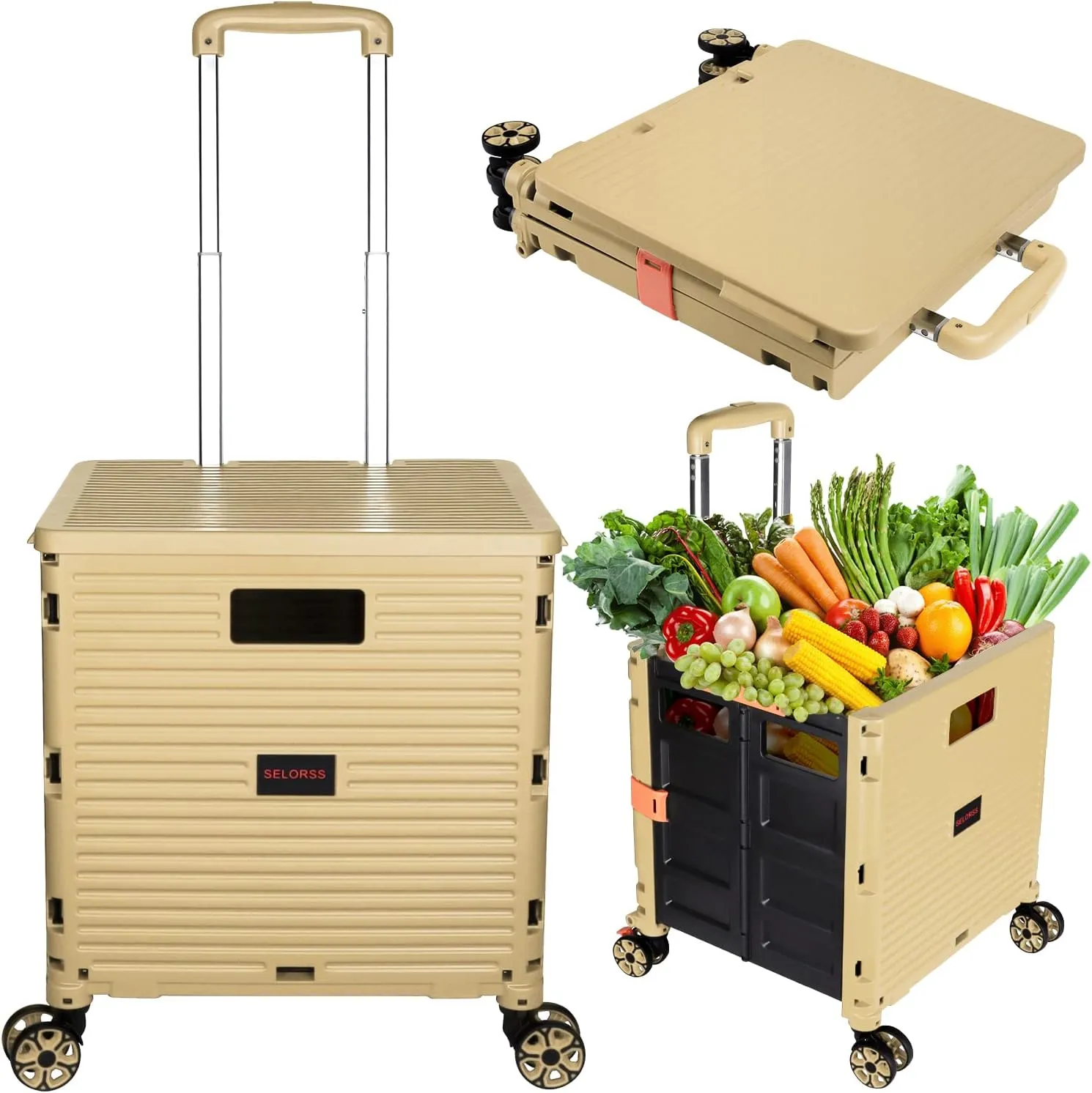 Foldable Utility Cart Collapsible Portable Crate Rolling Carts with Wheels Tote Basket with Magnetic Lid Telescopic Cover Wear-Resistant 360°Rotate Wheel Noiseless for Shopping Storage Office Use