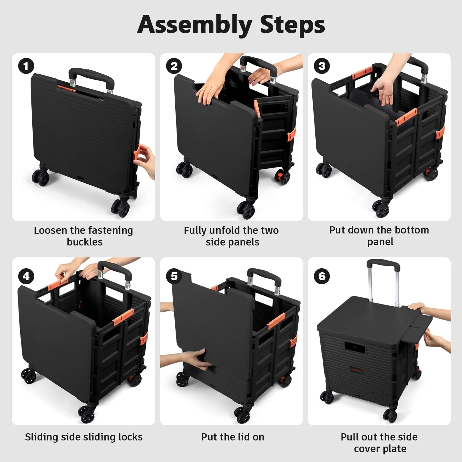 Foldable Utility Cart Collapsible Portable Crate Rolling Carts with Wheels Tote Basket with Magnetic Lid Telescopic Cover Wear-Resistant 360°Rotate Wheel Noiseless for Shopping Storage Office Use