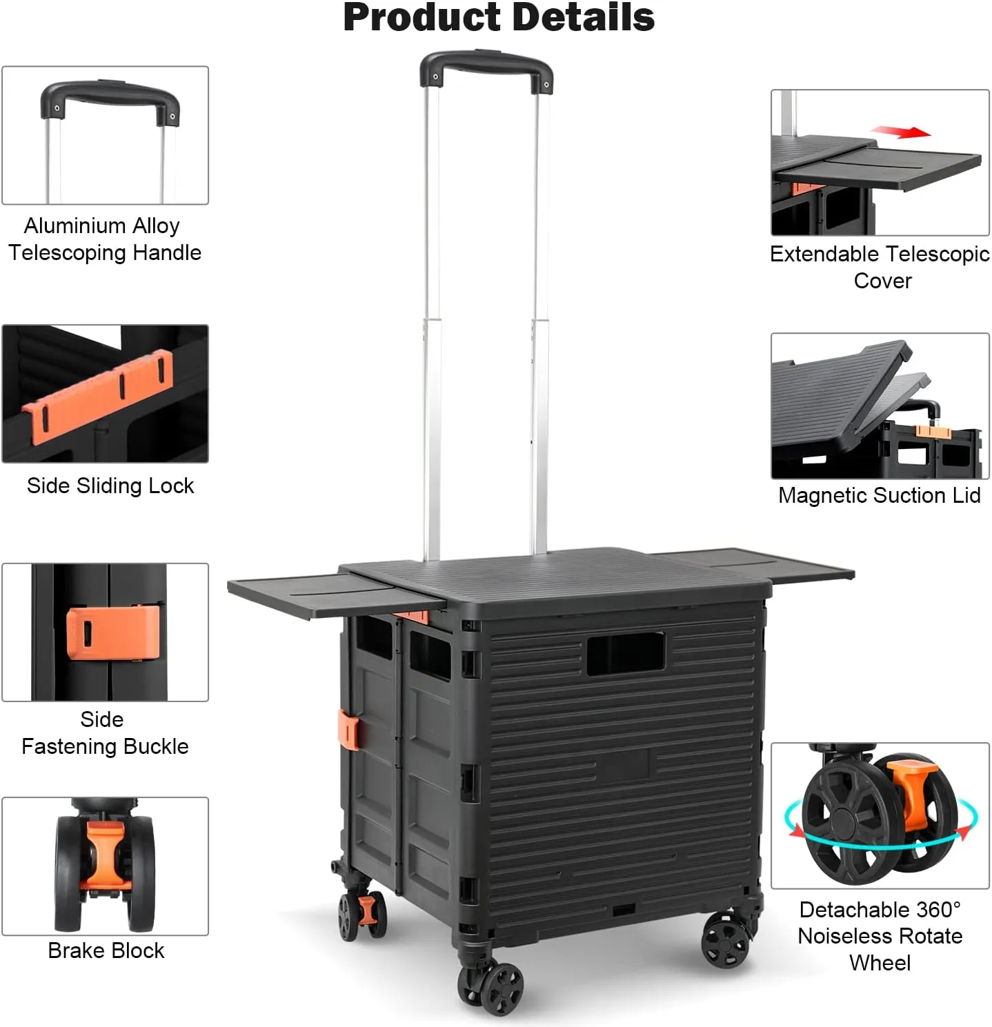 Foldable Utility Cart Collapsible Portable Crate Rolling Carts with Wheels Tote Basket with Magnetic Lid Telescopic Cover Wear-Resistant 360°Rotate Wheel Noiseless for Shopping Storage Office Use