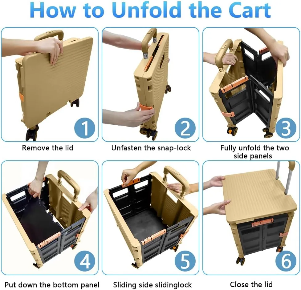 Foldable Utility Cart Collapsible Portable Crate Rolling Carts with Wheels Tote Basket with Magnetic Lid Telescopic Cover Wear-Resistant 360°Rotate Wheel Noiseless for Shopping Storage Office Use