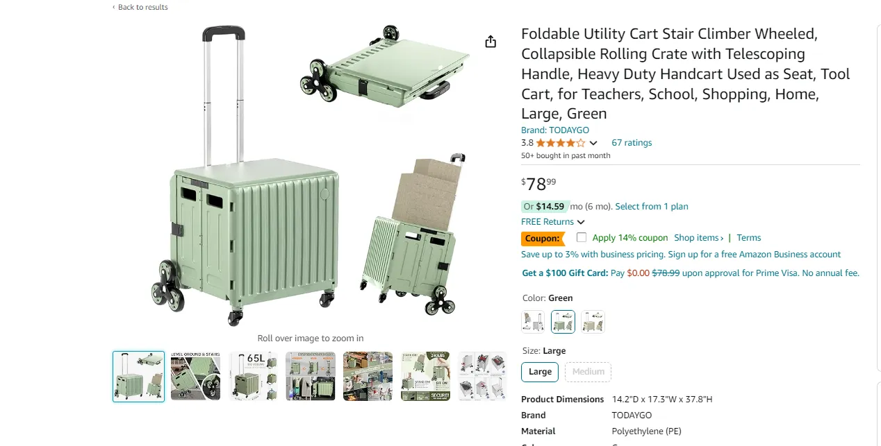 Foldable Utility Cart Stair Climber Wheeled, Collapsible Rolling Crate with Telescoping Handle, Heavy Duty Handcart