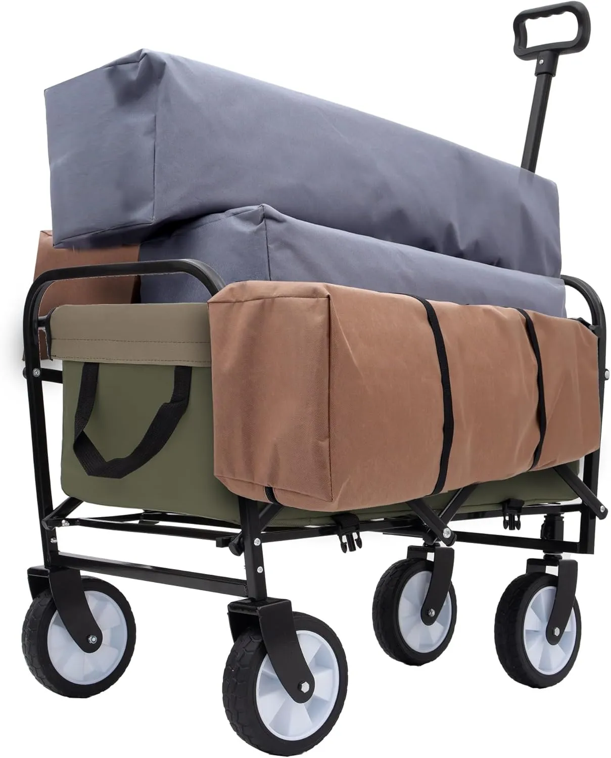 Foldable Utility Cart with Strap System, Garden Cart with 6'' Wheels, Collapsible Wagon with 2 Cup Holders and 3pcs Plastic Liner Bag/Cover, Grocery Cart for Beach Picnics(Army Green)