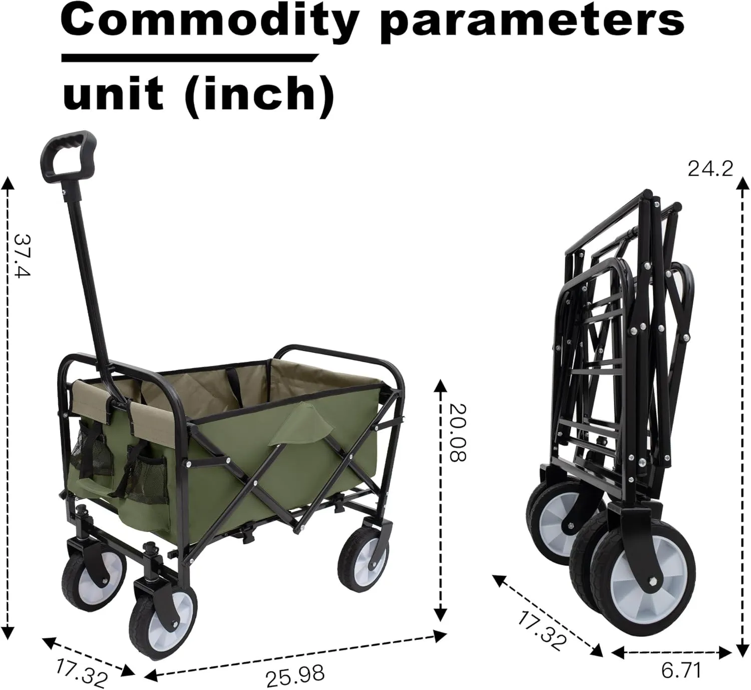 Foldable Utility Cart with Strap System, Garden Cart with 6'' Wheels, Collapsible Wagon with 2 Cup Holders and 3pcs Plastic Liner Bag/Cover, Grocery Cart for Beach Picnics(Army Green)