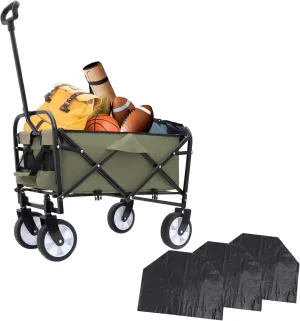 Foldable Utility Cart with Strap System, Garden Cart with 6'' Wheels, Collapsible Wagon with 2 Cup Holders and 3pcs Plastic Liner Bag/Cover, Grocery Cart for Beach Picnics(Army Green)