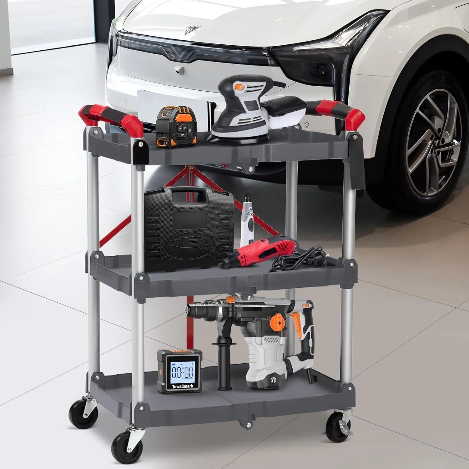 Foldable Utility Carts, 3-Tier Holds Folding Rolling Cart with Lockable Universal Wheels, Service Cart with Fixed Rope for Home, Office Garage and Warehouse No Assembly Require