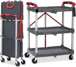 Foldable Utility Carts, 3-Tier Holds Folding Rolling Cart with Lockable Universal Wheels, Service Cart with Fixed Rope for Home, Office Garage and Warehouse No Assembly Require