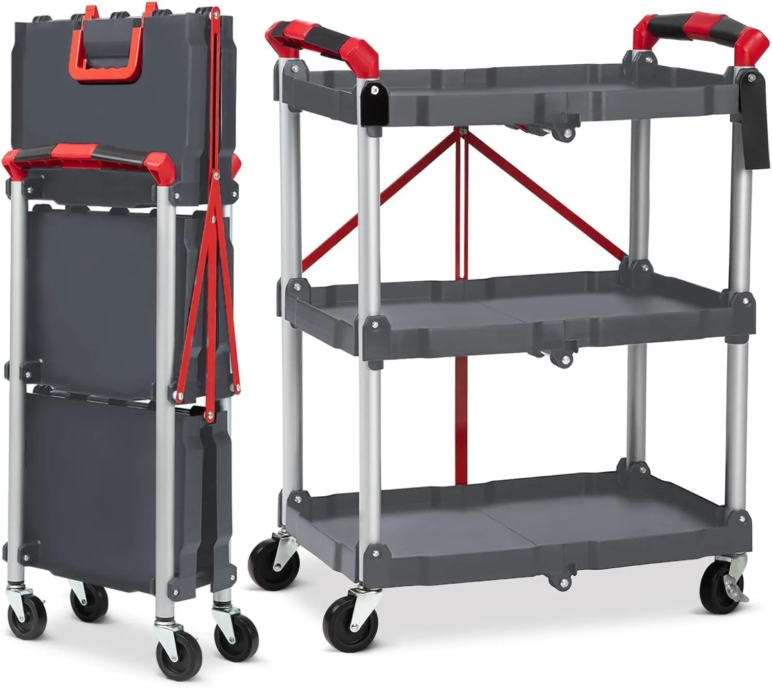 Foldable Utility Carts, 3-Tier Holds Folding Rolling Cart with Lockable Universal Wheels, Service Cart with Fixed Rope for Home, Office Garage and Warehouse No Assembly Require